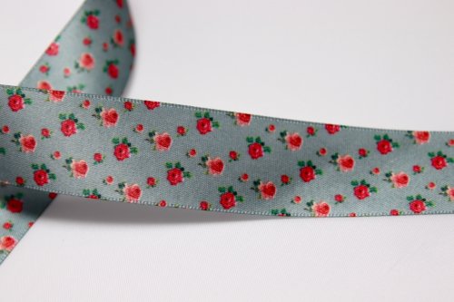 Satinband Blumen - Hoodieband - graublau - 25 mm